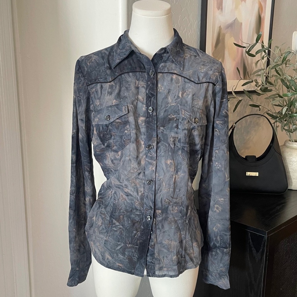Studio West Western Button Down Women M Blue Floral Excellent Sheer Fairycore